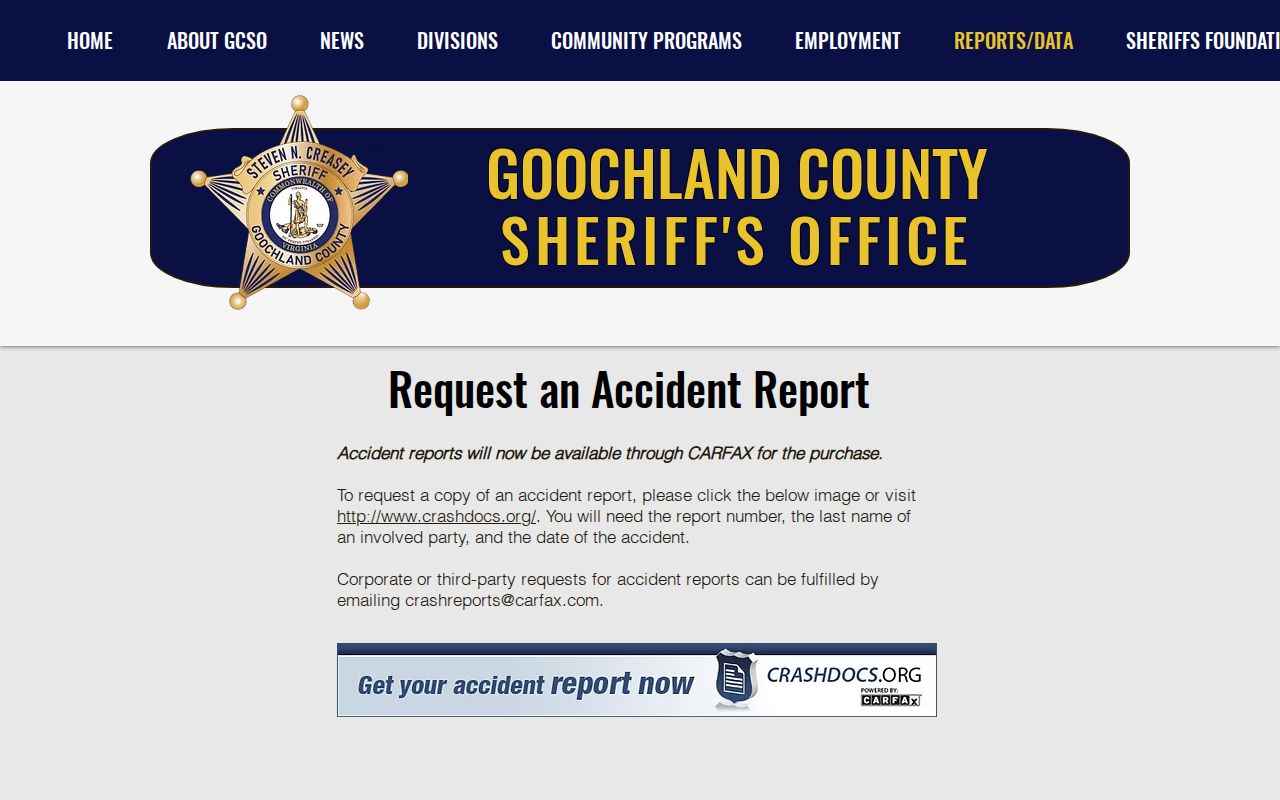 Goochland County sheriff report request route related to arrest record access