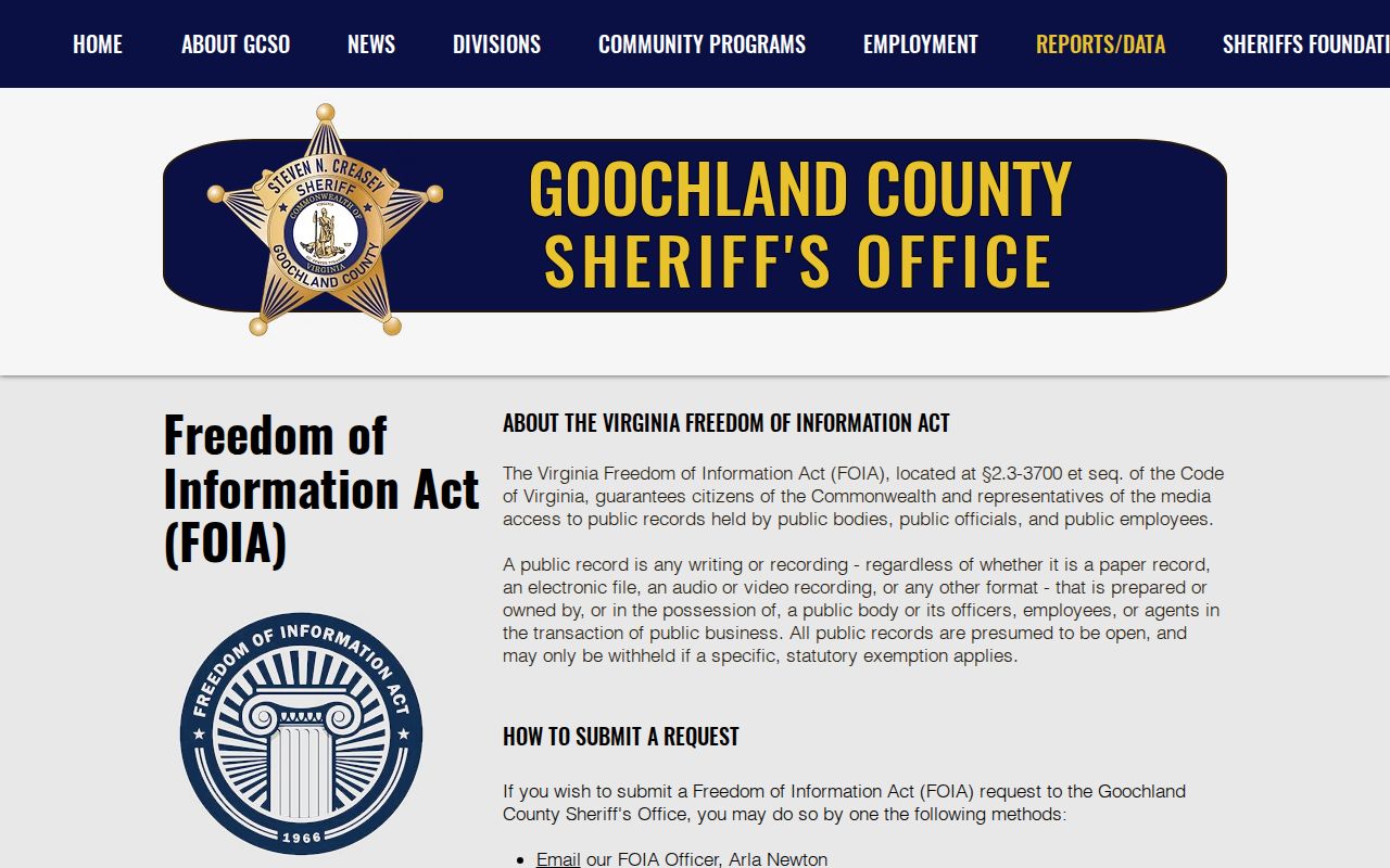 Goochland County arrest report request methods under sheriff FOIA rules