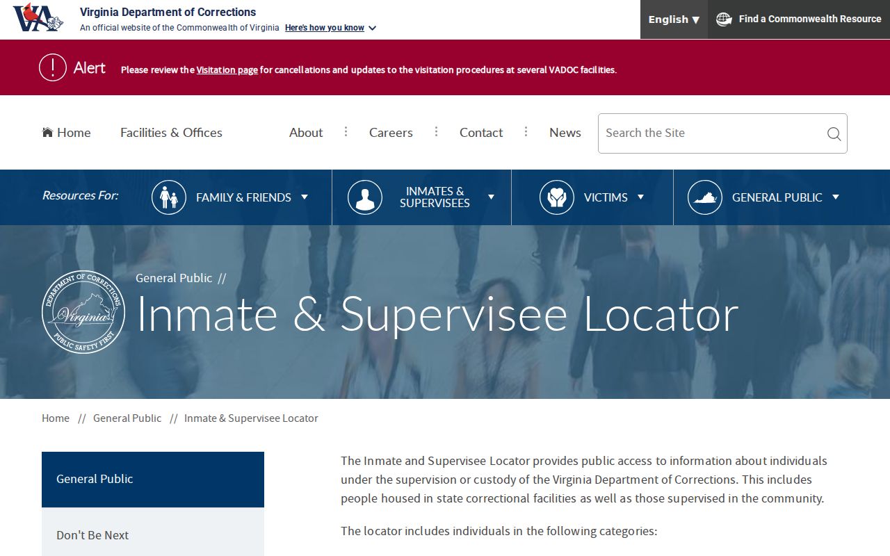VADOC custody locator fields for a Goochland County arrest follow-up