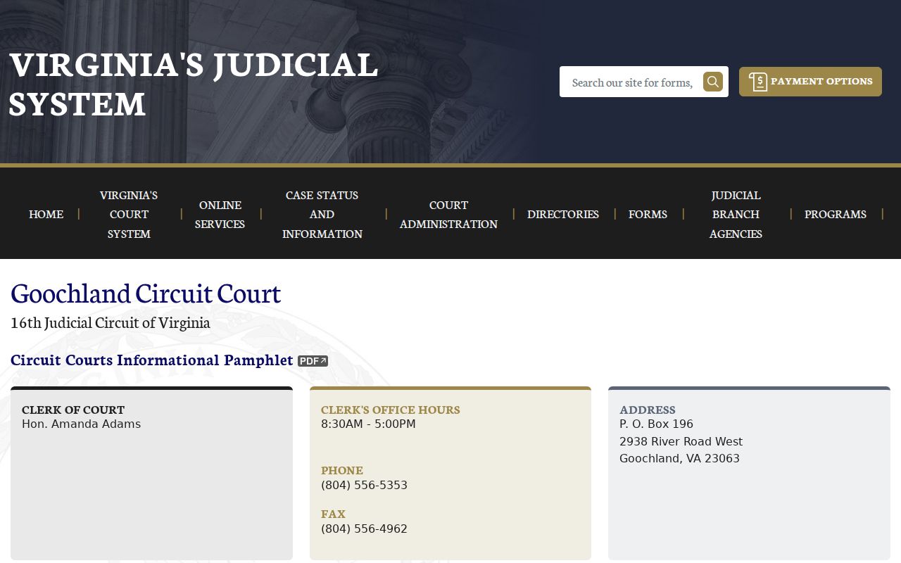 Goochland County criminal court case listing for the 16th Circuit