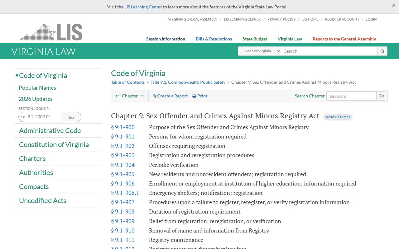 Virginia registry law governing Goochland County sex offender records